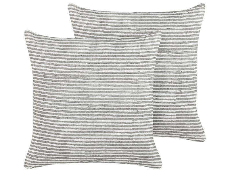 Set of 2 Decorative Cushions Grey and White Linen Cotton 50 x 50 cm Striped Pattern Decor Accessories Beliani