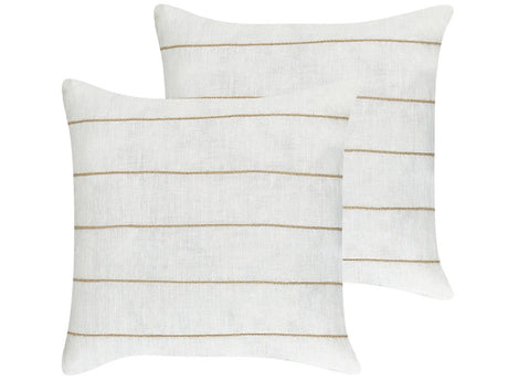 Set of 2 Decorative Cushions White nad Beige Linen Cotton 50 x 50 cm Striped Pattern Decor Accessories Beliani