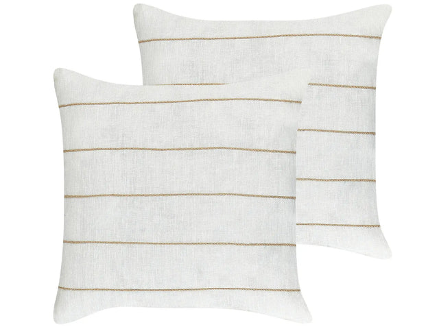 Set of 2 Decorative Cushions White nad Beige Linen Cotton 50 x 50 cm Striped Pattern Decor Accessories Beliani