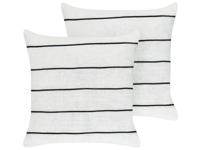 Set of 2 Decorative Cushions White nad Black Linen Cotton 50 x 50 cm Striped Pattern Decor Accessories Beliani