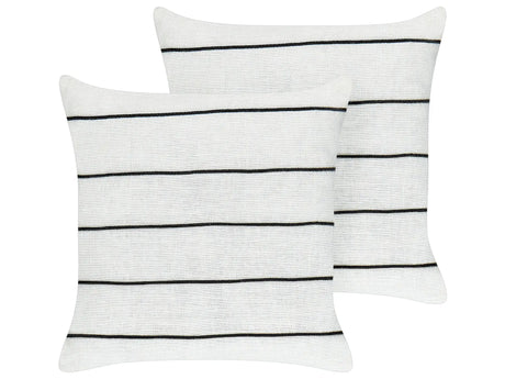 Set of 2 Decorative Cushions White nad Black Linen Cotton 50 x 50 cm Striped Pattern Decor Accessories Beliani