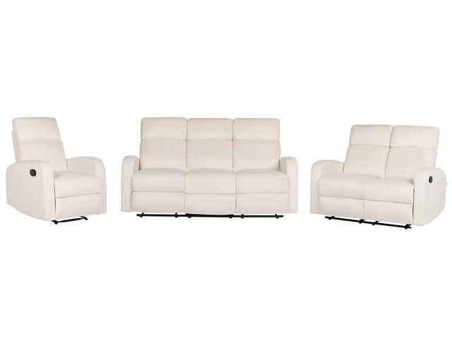 Manual Recliner Sofa Set Off-White Velvet Upholstered 3 and 2 Seater Armchair Couch Modern Design Relax Function Beliani