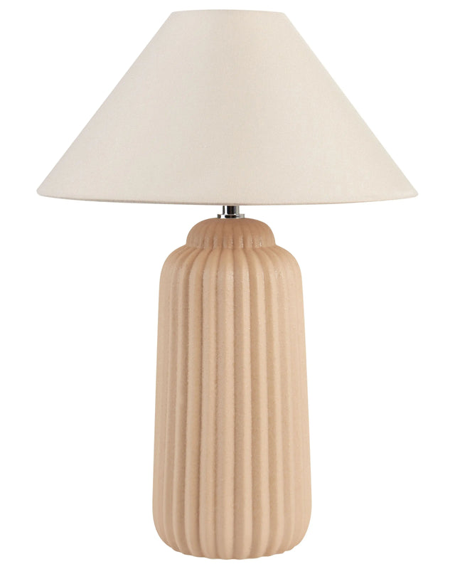 Table Lamp Beige Ceramic Cone Shade Riffled Base Bedside Living Room Bedroom Lighting Beliani