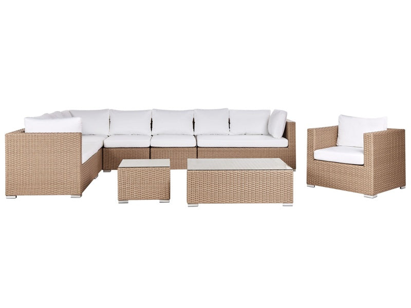 Garden Conversation Set Sand Beige Wicker PE Rattan Corner Sofa with Armchair and Coffee Tables White Cushions Beliani