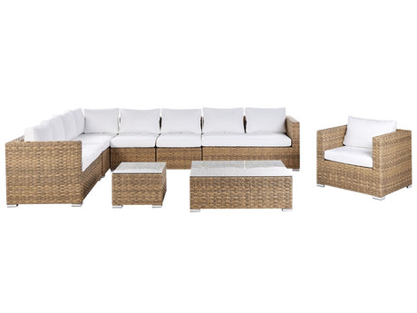 Garden Conversation Set Light Brown Wicker PE Rattan Corner Sofa with Armchair and Coffee Tables White Cushions Beliani