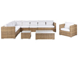 Garden Conversation Set Light Brown Wicker PE Rattan Corner Sofa with Armchair and Coffee Tables White Cushions Beliani