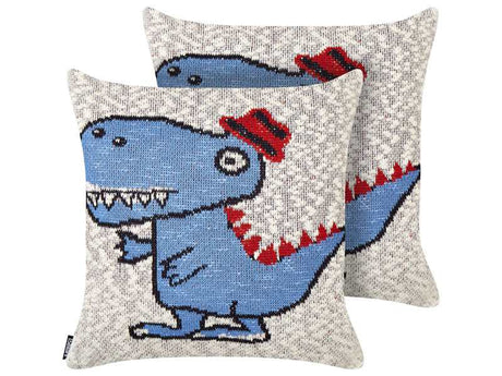 Set of 2 Kids Decorative Cushions Beige and Blue Cotton Covers 45 x 45 cm Dino Pattern Kid's Bedroom Accessory Beliani