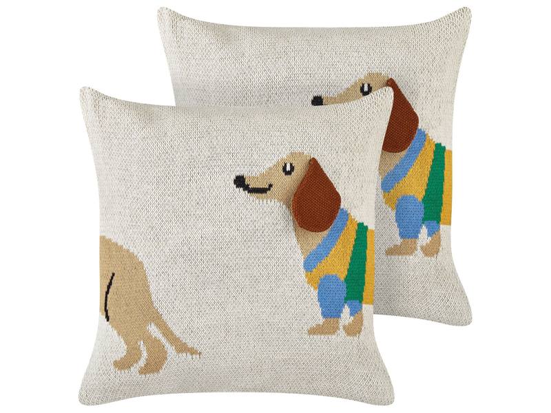 Set of 2 Kids Decorative Cushions Beige Cotton Covers 45 x 45 cm Dachshund Pattern Kid's Bedroom Accessory Beliani