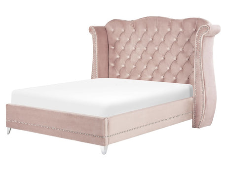 Bed Frame Pastel Pink Velvet EU Super King Size 6ft Slatted Base Button Tufted Headboard Nailhead Trim Beliani