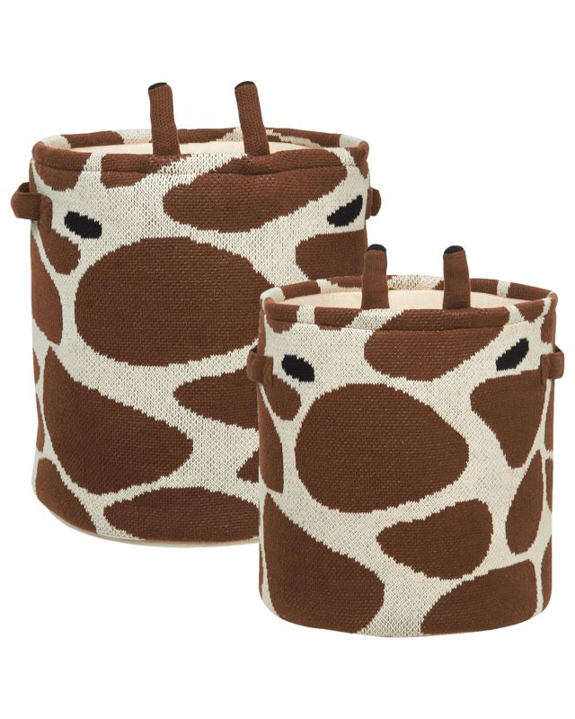 Set of 2 Kids Storage Basket Cotton Beige and Brown Giraffe with Handles Toys Storage Beliani