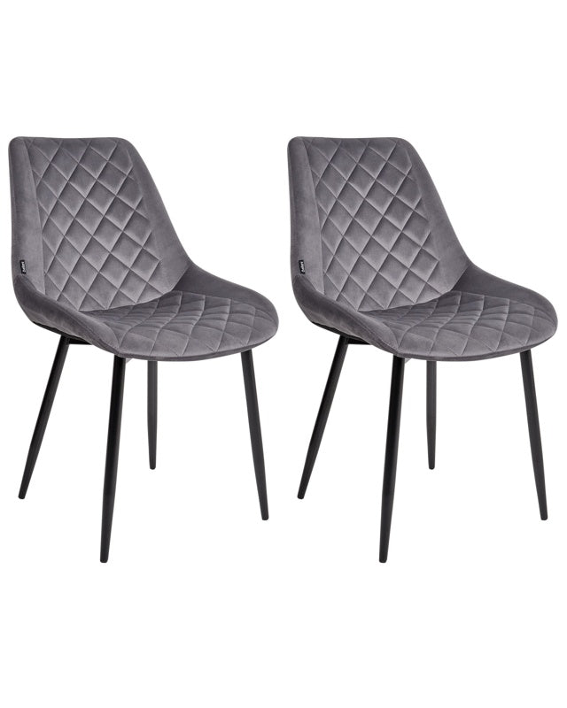 Set of 2 Velvet Dining Chairs Grey Quilted Upholstery Iron Legs Armless Kitchen Seating Beliani