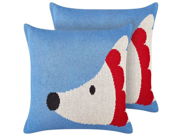 Set of 2 Kids Decorative Cushions Blue Cotton Covers 45 x 45 cm Hedgehog Pattern Kid's Bedroom Accessory Beliani