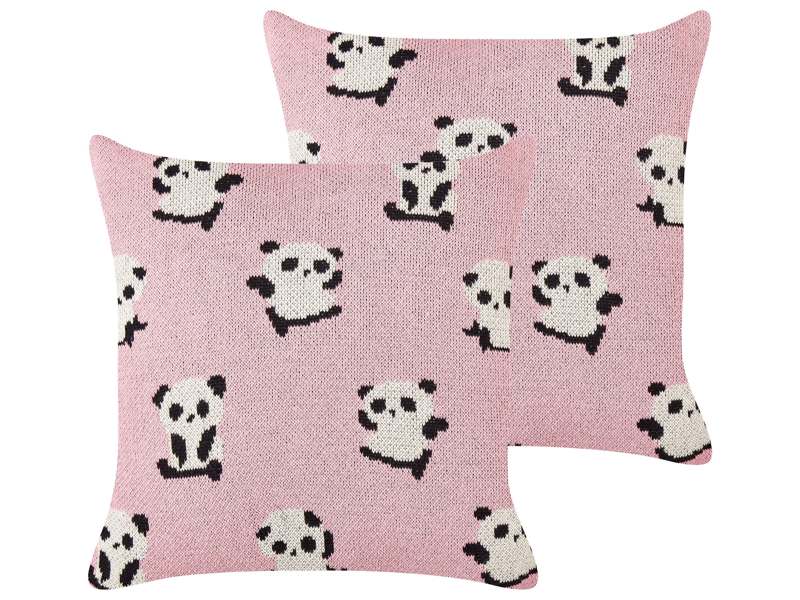 Set of 2 Kids Decorative Cushions Pink Cotton Covers 45 x 45 cm Pandas Pattern Kids Bedroom Accessory Beliani