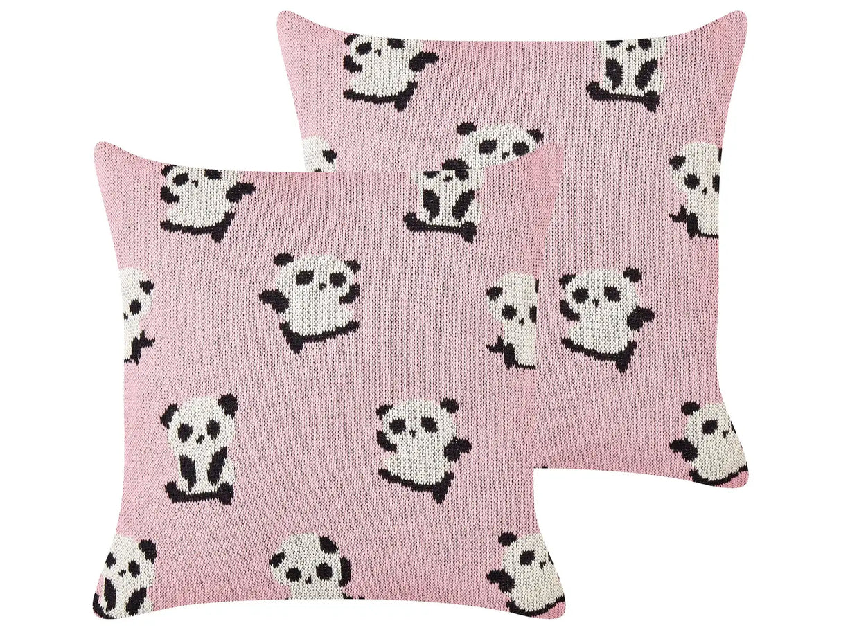Set of 2 Kids Decorative Cushions Pink Cotton Covers 45 x 45 cm Pandas Pattern Kids Bedroom Accessory Beliani