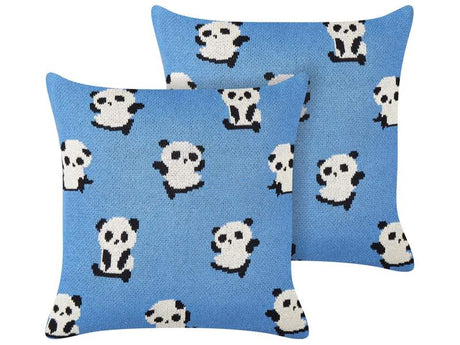 Set of 2 Kids Decorative Cushions Blue Cotton Covers 45 x 45 cm Pandas Pattern Kids Bedroom Accessory Beliani