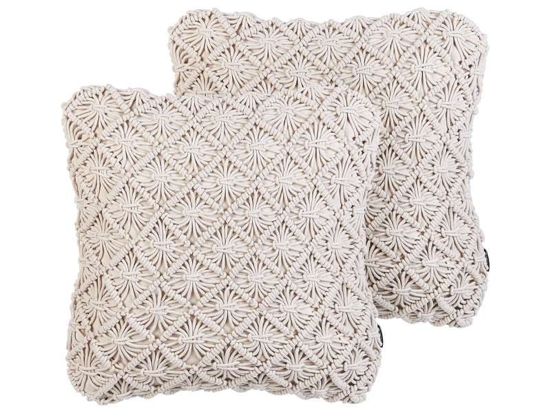 Set of 2 Decorative Cushions Light Beige Cotton Macramé 45 x 45 cm Rope Boho Retro Decor Accessories Beliani