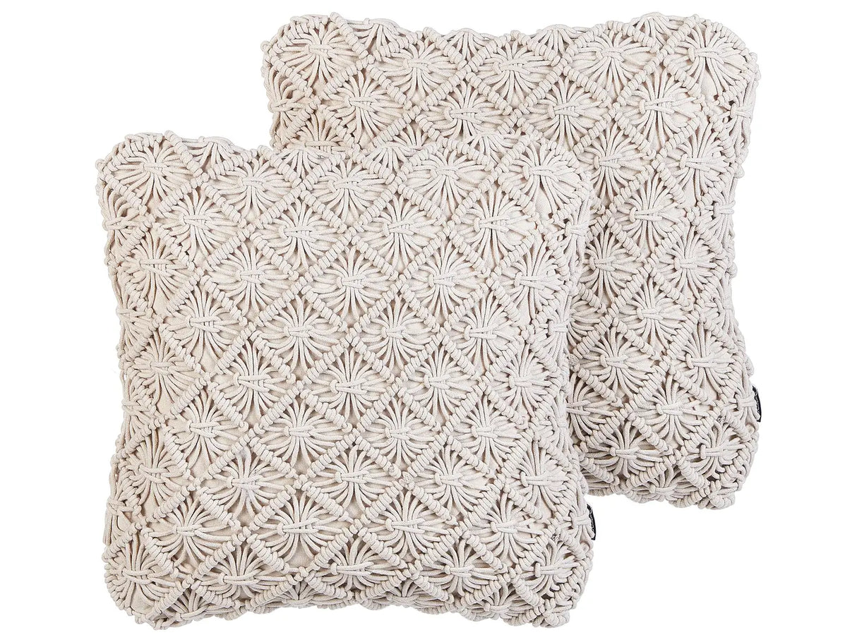Set of 2 Decorative Cushions Light Beige Cotton Macram 45 x 45 cm Rope Boho Retro Decor Accessories Beliani