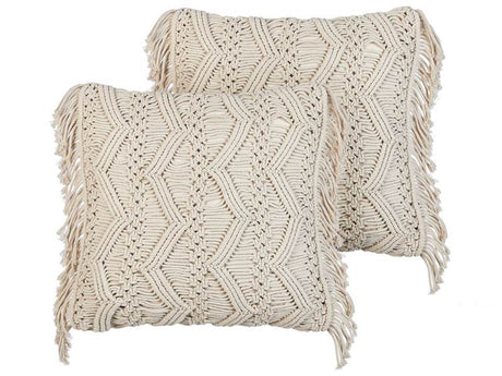 Set of 2 Decorative Cushions Light Beige Cotton Macramé 45 x 45 cm with Tassels Rope Boho Retro Decor Accessories Beliani