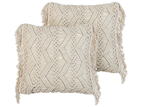 Set of 2 Decorative Cushions Light Beige Cotton Macram 45 x 45 cm with Tassels Rope Boho Retro Decor Accessories Beliani