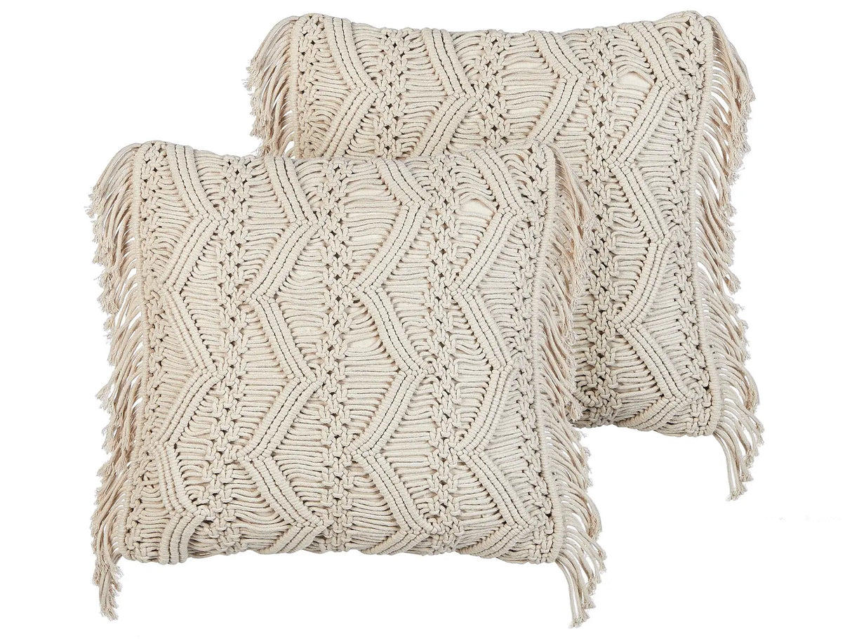 Set of 2 Decorative Cushions Light Beige Cotton Macram 45 x 45 cm with Tassels Rope Boho Retro Decor Accessories Beliani