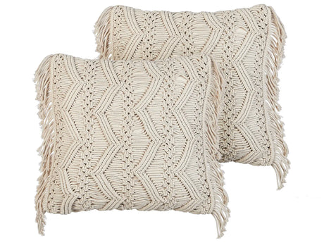 Set of 2 Decorative Cushions Light Beige Cotton Macram 45 x 45 cm with Tassels Rope Boho Retro Decor Accessories Beliani