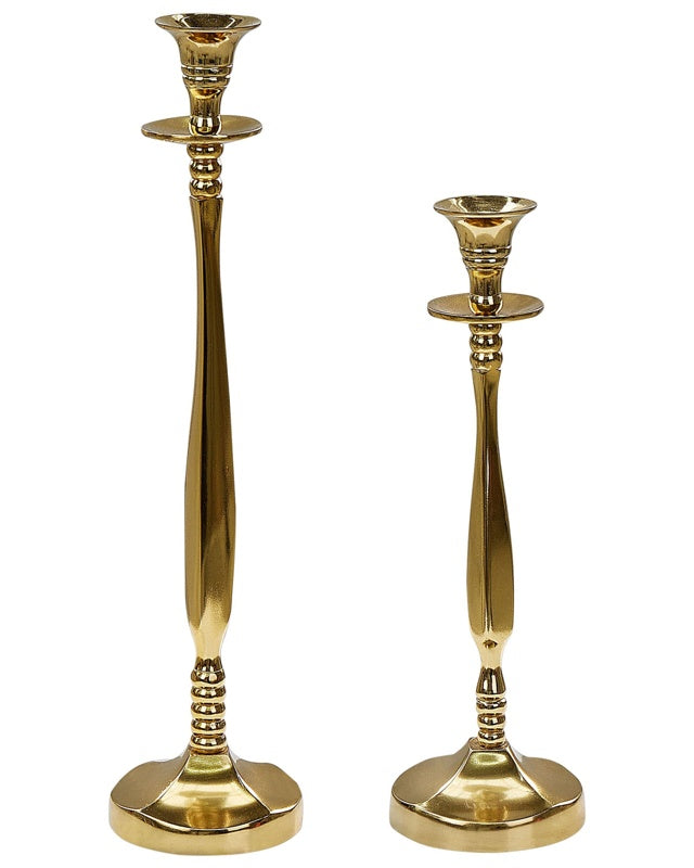 Set of 2 Candlesticks Gold Metal Glossy Metallic Glamour Taper Candleholders Beliani