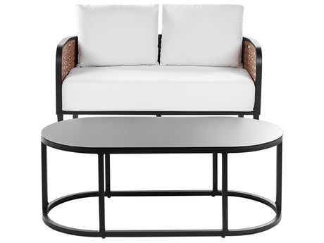 Garden Sofa Black Aluminium Frame Off-White Water Repellent Fabric Cushions 2 Seater Set with Coffee Table Beliani