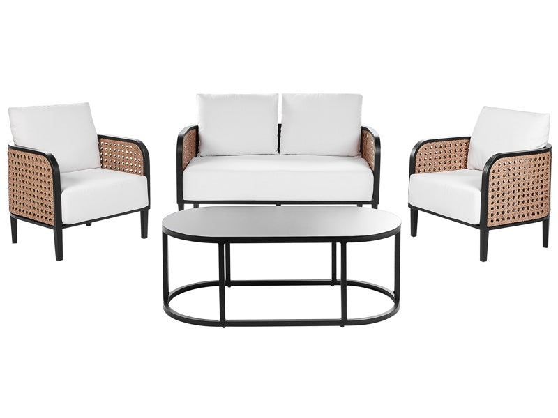 Garden Sofa Set Black Aluminium Frame Off-White Water Repellent Fabric Cushions 2 Seater Set with Coffee Table and Armchairs Beliani