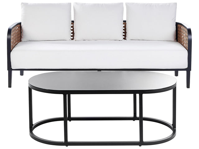 Garden Sofa Black Aluminium Frame Off-White Water Repellent Fabric Cushions 3 Seater Set with Coffee Table Beliani