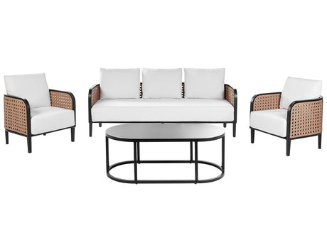 Garden Sofa Set Black Aluminium Frame Off-White Water Repellent Fabric Cushions 3 Seater Set with Coffee Table and Armchairs Beliani