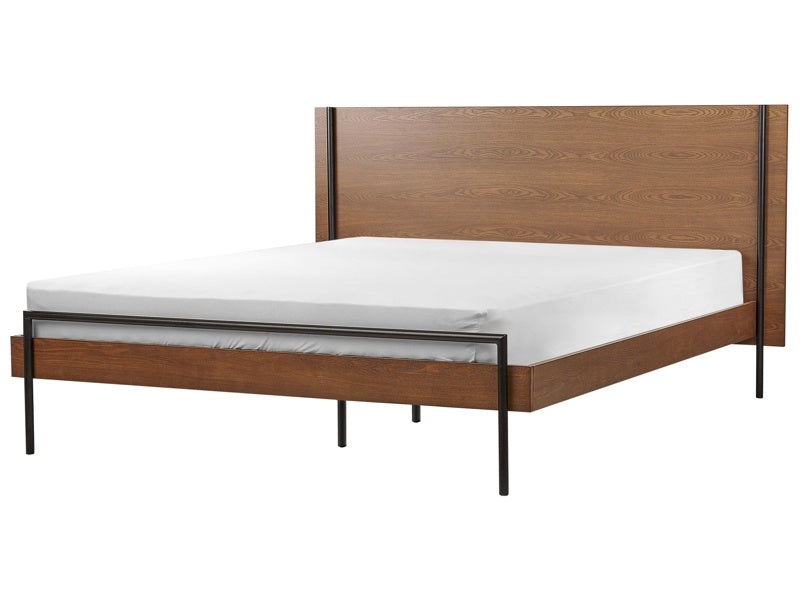 EU King Size Bed Dark Wood MDF 5ft3 Frame with Headrest and Slatted Base Metal Black Legs Beliani