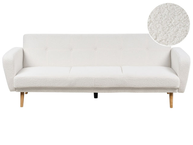 Sofa Bed White Boucle Fabric Upholstered 3 Seater Convertible Wooden Legs Modern Minimalistic Living Room Beliani