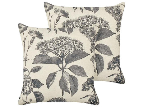 Set of 2 Scatter Cushions Beige and Grey Cotton 45 x 45 cm Square Handmade Throw Pillows Printed Floral Pattern Removable Cover Beliani