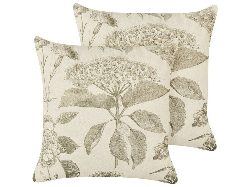 Set of 2 Scatter Cushions Beige and Green Cotton 45 x 45 cm Square Handmade Throw Pillows Printed Floral Pattern Removable Cover Beliani