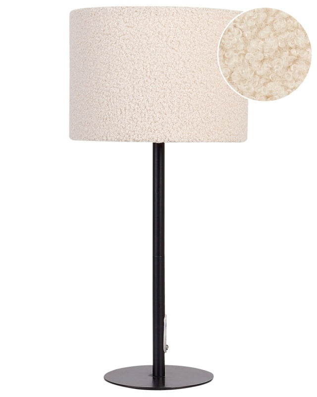 Bedside Table Lamp Beige Boucle Drum Shade Metal Base 40 cm Modern Style Living Room Bedroom Beliani