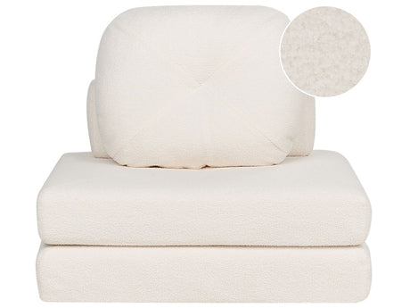 Sofa Pouffe Bed White Fabric Boucle Upholstery Single Sleeper Fold Out Chair Bed with Cushion Modern Design Beliani