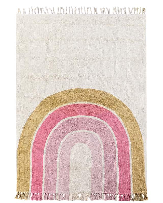 Area Rug Beige and Pink Cotton Rainbow Pattern 140 x 200 cm Low Pile for Children Playroom  Beliani