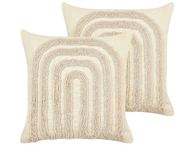 Set of 2 Decorative Tufted Cushions Beige Cotton 45 x 45 cm with Abstract Pattern Beliani