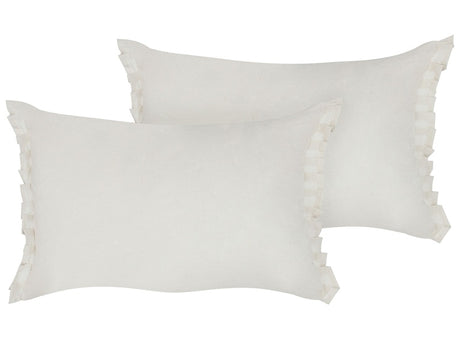 Set of 2 Decorative Cushions Off-white Linen 30 x 45 cm with Frilling and Bows Beliani