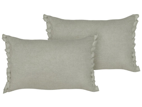 Set of 2 Decorative Cushions Light Grey Linen 30 x 45 cm with Frilling and Bows Beliani