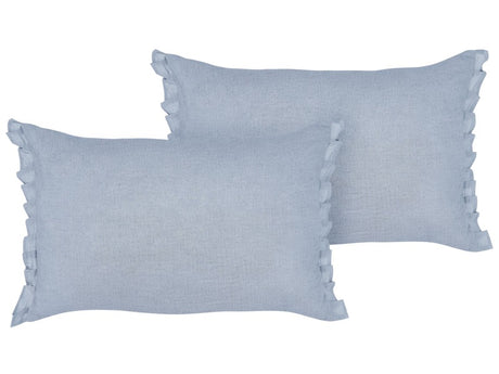 Set of 2 Decorative Cushions Light Blue Linen 30 x 45 cm with Frilling and Bows Beliani