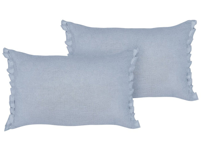 Set of 2 Decorative Cushions Light Blue Linen 30 x 45 cm with Frilling and Bows Beliani