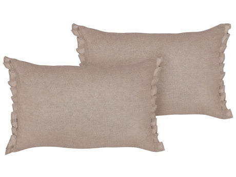 Set of 2 Decorative Cushions Light Brown Linen 30 x 45 cm with Frilling and Bows Beliani