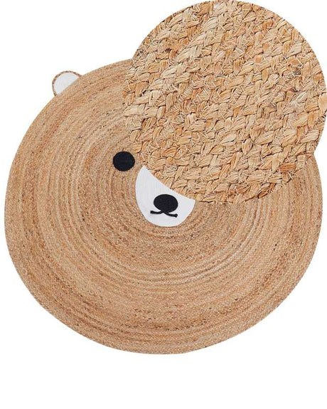 Area Rug Beige Jute ø 120 cm Round Decorative Bear Pattern Boho Style Living Room Kids Children's Room Beliani