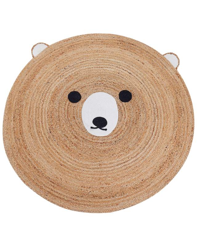 Area Rug Beige Jute  120 cm Round Decorative Bear Pattern Boho Style Living Room Kids Children's Room Beliani