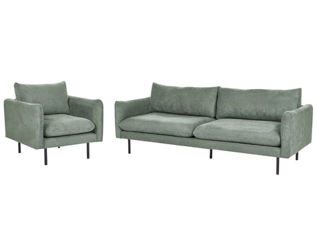 Living Room Set Green Fabric Chenille Black Legs Corner Sofa 3 Seater Armchair Modern Retro Style Beliani