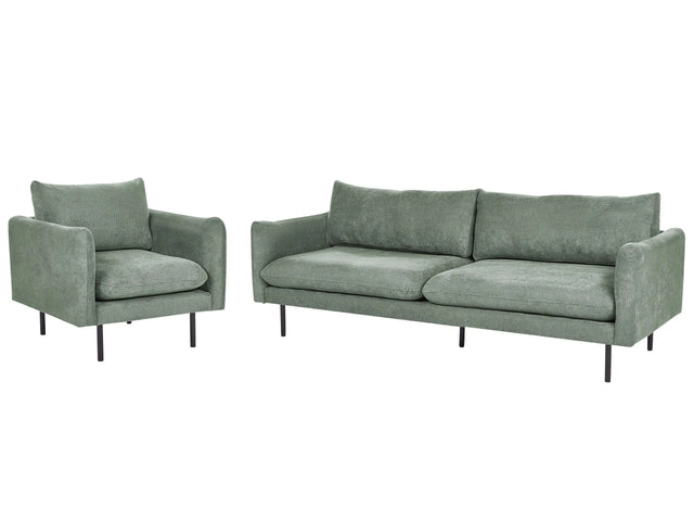 Living Room Set Green Fabric Chenille Black Legs Corner Sofa 3 Seater Armchair Modern Retro Style Beliani