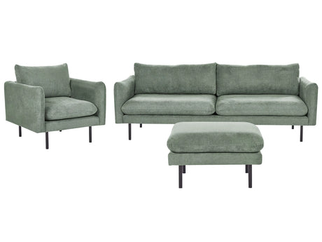 Living Room Set with Ottoman Green Chenille Fabric Black Legs Corner Sofa 3 Seater Armchair Footstool Modern Retro Style Beliani