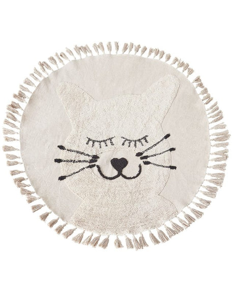 Area Rug Beige Cotton ø 120 cm Round Decorative Cat Pattern Tassels Boho Style Living Room Kids Children's Room Beliani