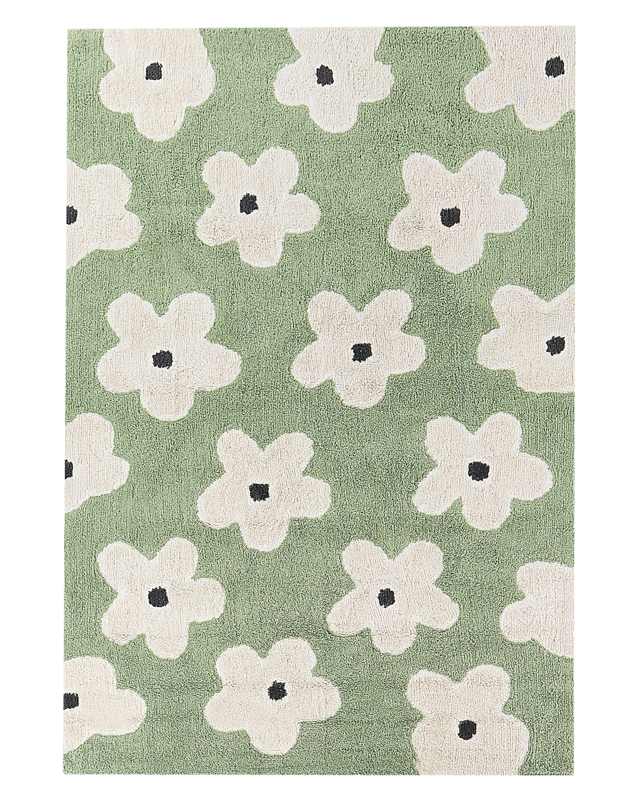 Area Rug Green Cotton 140 x 200 cm Decorative Flowers Pattern Boho Style Living Room Kids Children's Room Beliani